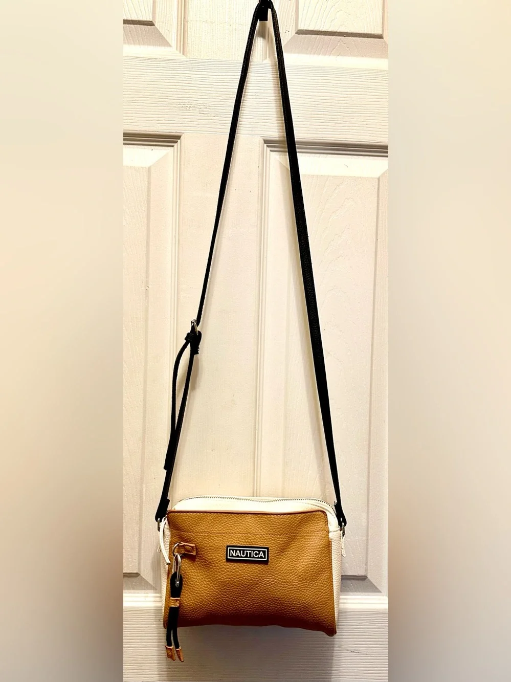 Nautica Two-Tone Tan and White Crossbody Bag with Black Strap